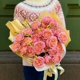 Photo of Bouquet of 7 bush peony roses and ilex «Romantic greetings»