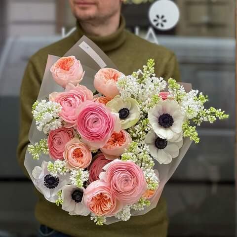 Photo of Exquisite bouquet of premium delicate ranunculi and spring anemones «Royal lace»