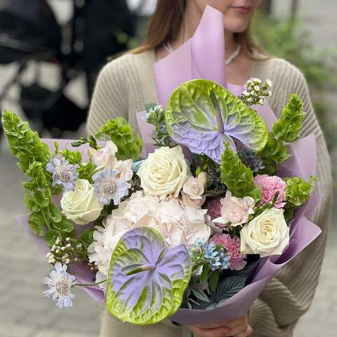 Interesting colorful bouquet «Tropical Violet», Flowers: Scabiosa, Molucella, Anthurium, Hydrangea, Freesia, Chamelaucium, Oxypetalum, Rose, Dianthus