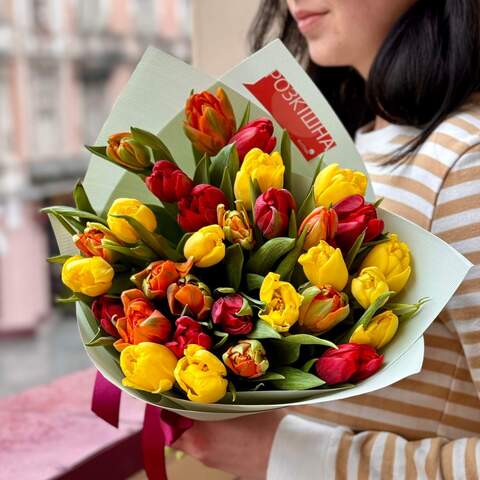 Bright bouquet of tulips «Coloured caramels», Flowers: Tulip pion-shaped, 31 pcs. 