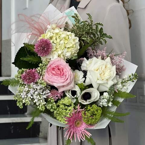 Bouquet «The Notebook», Flowers: Hydrangea, Anemone, Pittosporum, Syringa, Viburnum, Gerbera, Matthiola, Solidago, Stipa, Pion-shaped rose