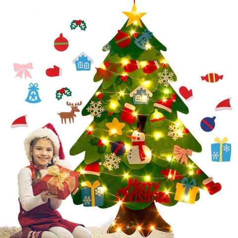 Елка рождественская из фетра на стену с набором игрушек в количестве 32 шт + Гирлянда на 5м Мультик
