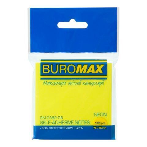Блок бумаги с липким слоем для заметок BUROMAX NEON, 75х75 мм (100 л.) желтый (BM.2382-08)