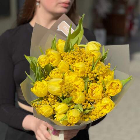 Photo of Joyful bouquet of spring tulips and mimosa «Sunny smile»