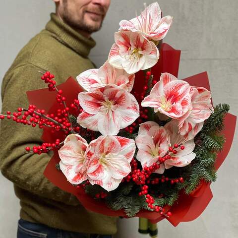 Colorful winter bouquet with amaryllis «Christmas Constellation», Flowers: Hippeastrum, Nobilis, Ilex