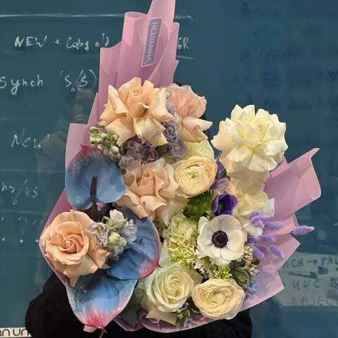 Bouquet «Blue moment», Flowers: Rose, Anemone, Anthurium, Ranunculus, Delphinium
