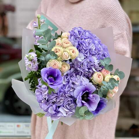Delicate lilac bouquet with hydrangeas and anemones «The mystical purple», Flowers: Hydrangea, Anemone, Bush Rose, Matthiola, Eucalyptus