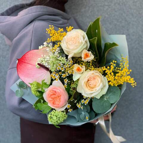 Bouquet «Spring Greetings», Flowers: Pion-shaped rose, Mimosa, Narcissus, Syringa, Viburnum, Anthurium, Eucalyptus