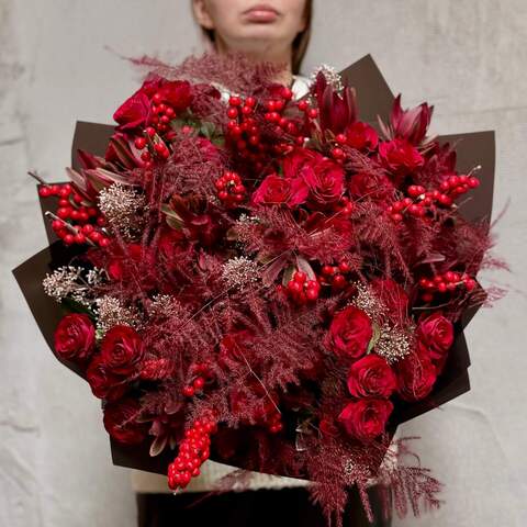 Photo of Voluminous burgundy bouquet with spray roses «Tart Berry»