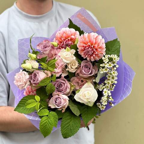 Bouquet «Gentle song», Flowers: Dahlia, Rose, Rubus Idaeus, Chamelaucium, Eustoma