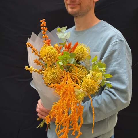 Bouquet «Sunny Weekend», Flowers: Leucospermum, Ilex, Amaranthus, Eucalyptus, Lagurus