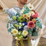 Photo of Colorful bouquet with delphinium and peony roses «Free Flight»