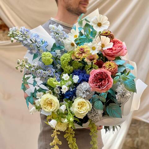 Colorful bouquet with delphinium and peony roses «Free Flight», Flowers: Cosmos, Pion-shaped rose, Viburnum, Delphinium, Amaranthus, Rubus Idaeus, Hydrangea, Dianthus, Zinnia