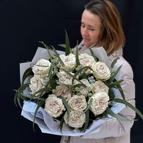Bouquet «Silver gaze», Flowers: Pion-shaped rose, Eucalyptus