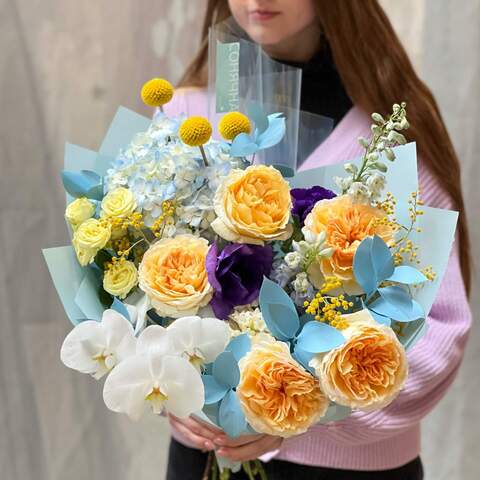 Bouquet «Radiant sky», Flowers: Pion-shaped rose, Anemone, Phalaenopsis, Hydrangea, Craspedia, Mimosa, Delphinium