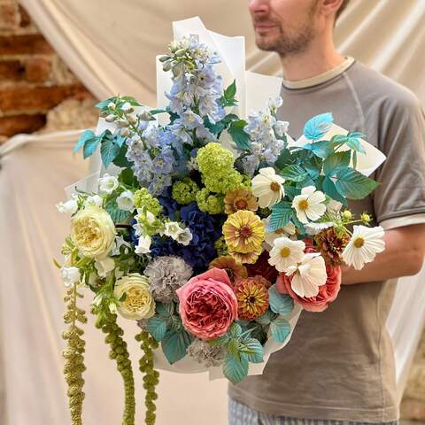 Photo of Colorful bouquet with delphinium and peony roses «Free Flight»