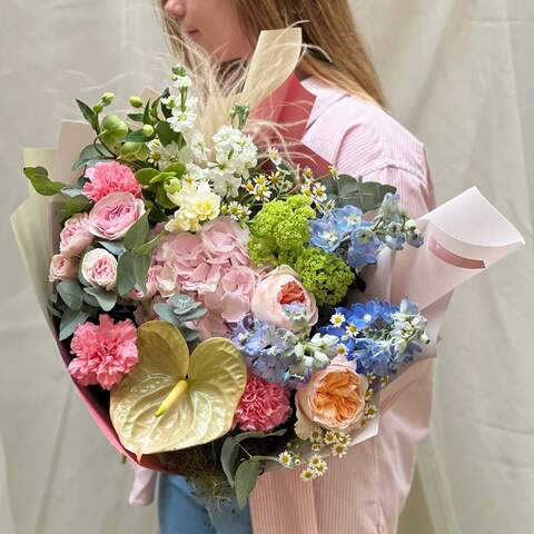 Bouquet «Cheerful rays», Flowers: Hydrangea, Pion-shaped rose, Delphinium, Matthiola, Dianthus, Anthurium, Tanacetum, Helleborus, Freesia, Stipa, Eucalyptus