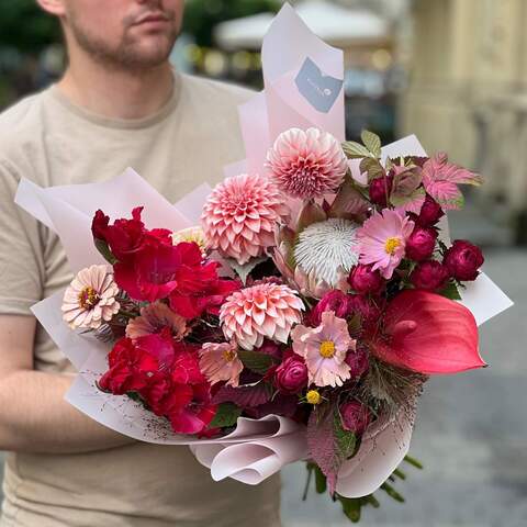 Interesting pink bouquet with protea «Exotic Embrace», Flowers: Gladiolus, Rubus Idaeus, Cosmos, Panicum, Protea, Zinnia, Peony Spray Rose, Dahlia, Anthurium