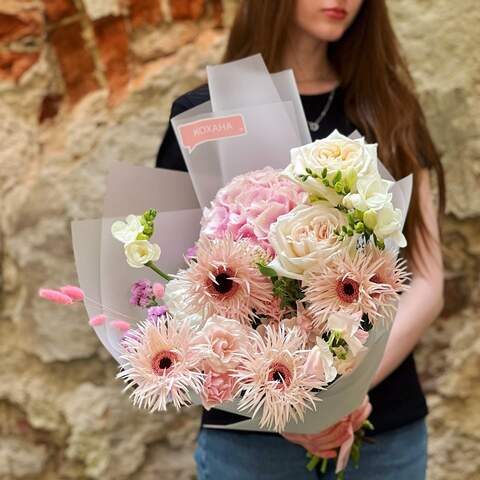 Bouquet «So Tender», Flowers: Gerbera, Hydrangea, Freesia, Pion-shaped rose, Lagurus, Lathyrus