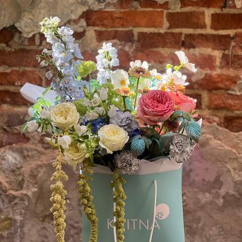 Photo of Colorful bouquet with delphinium and peony roses «Free Flight»