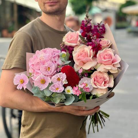 Bouquet «Your pink dream», Flowers: Hydrangea, Rose, Cosmos, Banksia, Antirinum, Oxypetalum, Eucalyptus