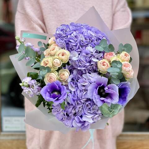 Photo of Delicate lilac bouquet with hydrangeas and anemones «The mystical purple»