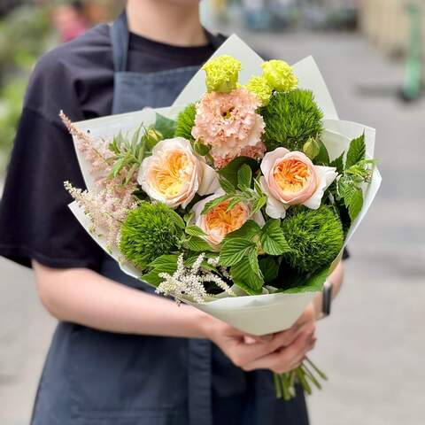 Delicate bouquet with peony roses «Peach field», Flowers: Dianthus, Astilbe, Rubus Idaeus, Pion-shaped rose, Eustoma