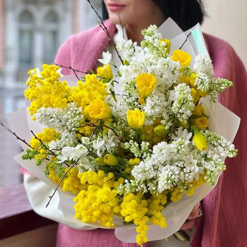 Bouquet «Beautiful moment», Flowers: Mimosa, Syringa, Narcissus, Prunus