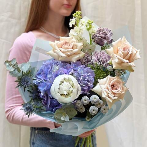 Bouquet «Morning serenity», Flowers: Paeonia, Rose, Eryngium, Ammi, Chrysanthemum, Dianthus, Hydrangea, Eucalyptus