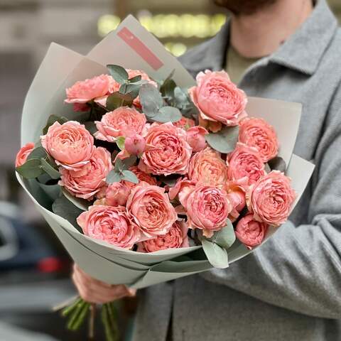 Photo of Wonderful bouquet of 7 branches of Juliet spray peony roses and eucalyptus «Peach delight»