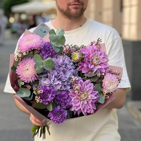 Charming bouquet with hydrangea and dahlias «Shades of Purple», Flowers: Chamelaucium, Dianthus, Aster, Eucalyptus, Dahlia, Hydrangea