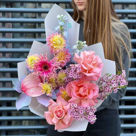 Bouquet «Neon City», Flowers: Rose, Delphinium, Dahlia, Chamelaucium, Gerbera, Anthurium, Salal
