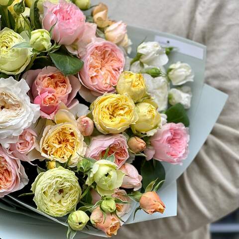 Photo of Mix of spray peony roses in a bouquet «Colored dream»