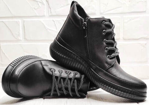 Кожаные ботинки демисезонные женские. Черные кеды термоботинки. Сникерсы ботинки на шнуровке Evromoda  S.A.Black.