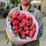 Photo of Rich bouquet of 25 Coral Charm peonies «Watermelon lollipops»