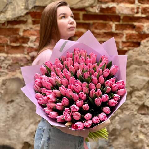 Букет зі 101 рожевого тюльпана «Соковите лічі», Квіти: Тюльпан, 101 шт. 