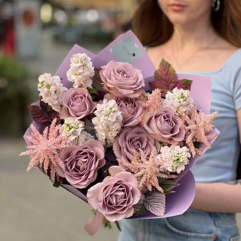 Delicate lavender bouquet «Evening coolness», Flowers: Rubus Idaeus, Matthiola, Astilbe, Rose