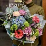 Photo of Colorful bouquet with hydrangea, peony roses and viburnum «Watercolor walk»