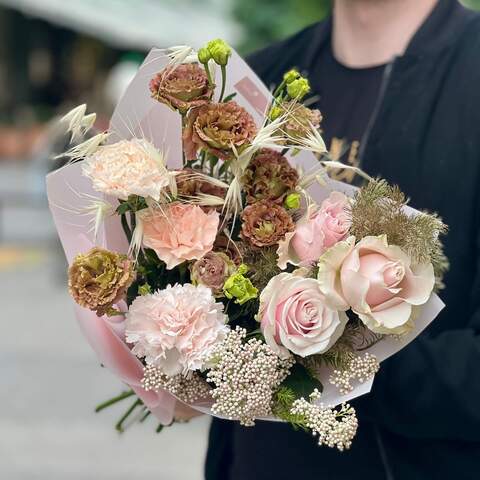 Pastel bouquet with eustomas «Chocolate Ice cream», Flowers: Ozothamnus, Lagurus, Dianthus, Eustoma, Rose, Asparagus