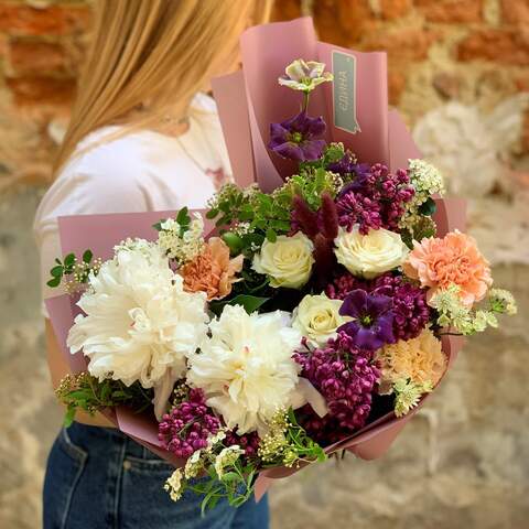 Bouquet «Evening Burgundy», Flowers: Paeonia, Dianthus, Syringa, Rose, Eustoma, Lagurus, Astrantia