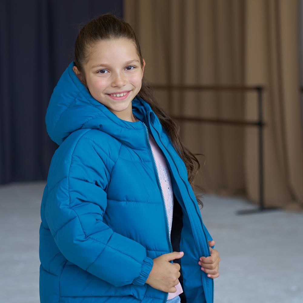 Дитяча подовжена зимова куртка в кольорі морська хвиля для дівчинки