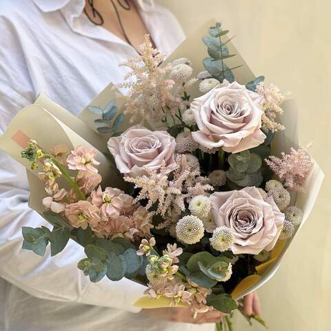 Bouquet «Silver nights», Flowers: Rose, Matthiola, Astilbe, Eucalyptus, Chrysanthemum