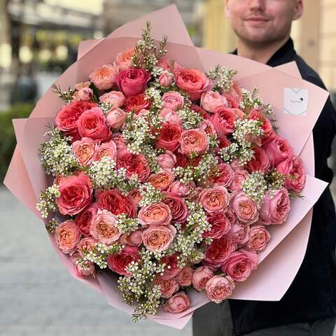 Luxurious bouquet of a cimbination of peony roses and fragrant chamelaucium «Strawberry delight», Flowers: Pion-shaped rose, Peony Spray Rose, Chamelaucium
