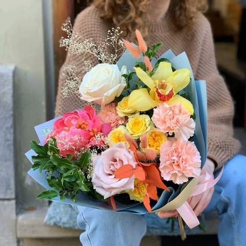 Bouquet «Color greetings», Flowers: Paeonia, Dianthus, Cymbidium, Lagurus, Pittosporum, Bush Rose, Rose, Eucalyptus