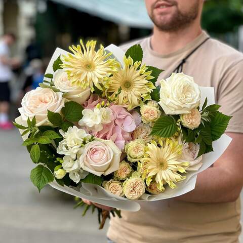 Light bouquet with gerberas «Sunny coffee», Flowers: Freesia, Eremurus, Rubus Idaeus, Hydrangea, Pion-shaped rose, Gerbera, Peony Spray Rose