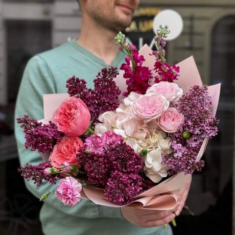 Photo of Fragrant bouquet with lilacs and exquisite roses «Purple Sky»