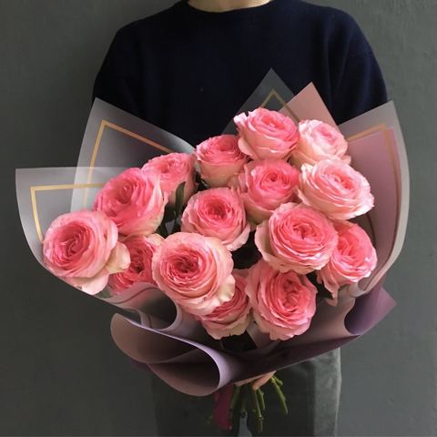 Букет из 15 пионовидных розовых роз Mayra Pink, Майра Пинк