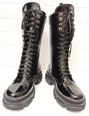 Грубые ботинки кожаные. Высокие черные ботинки женские на толстой подошве.Зимние ботинки на шнуровке 321-90.