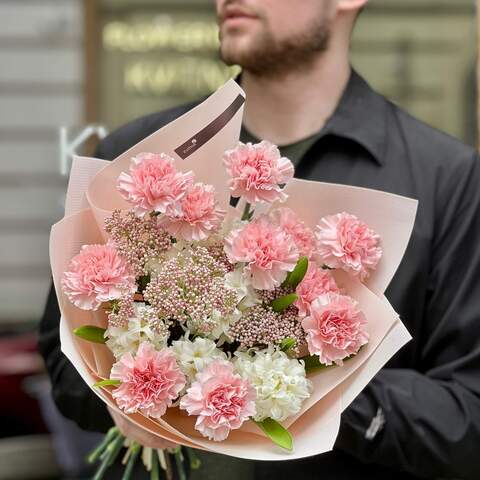 Delicate pink and white fragrant bouquet «Strawberry dreams», Flowers: Ozothamnus, Dianthus, Hyacinthus