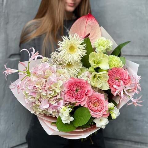 Bouquet «Journey of Love», Flowers: Hydrangea, Pion-shaped rose, Merine, Gerbera, Salal, Ozothamnus, Dianthus, Anthurium